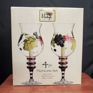 Vintage 1990's Hand Painted Glass Hurricane Candle Holder Set Grape Design
